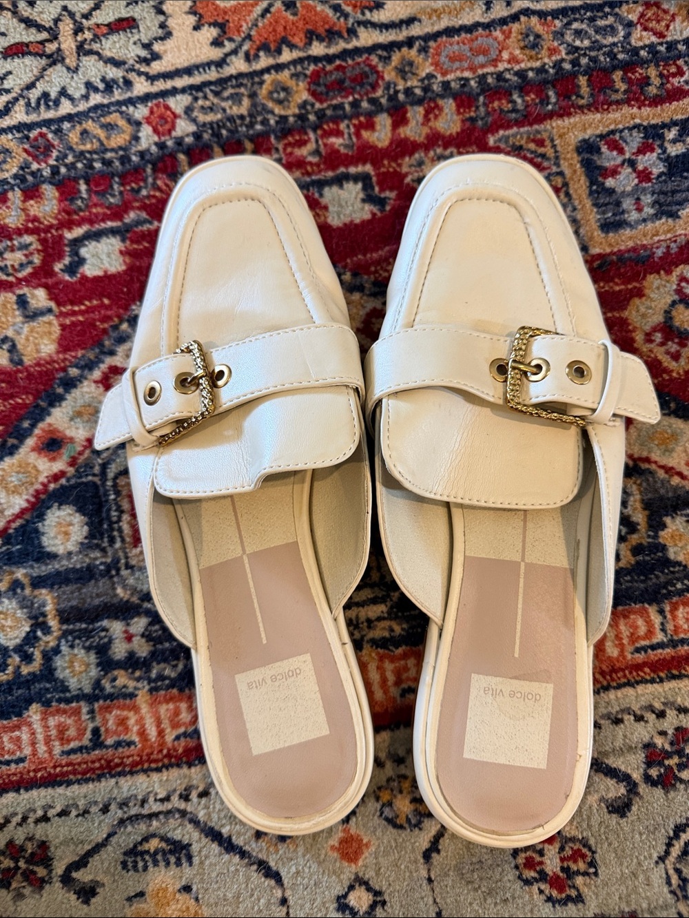 Dolce Vita Cream Leather Buckle Slip-On Mules